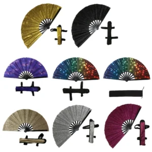 Glitter Hand Fan with Storage Bag Strap for Women Men Large Folding Festival Club Party Dance Fan